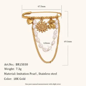 Broche Ourson Soleil Perle En Acier Inoxydable Plaqué Or 18K Bijoux Mode Pour Femmes