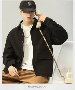 Men's American retro tooling long-sleeve loose casual shirt jacket with pockets and versatile style.