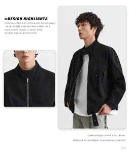 Heren zwarte vintage opstaande kraag bomberjack detail, stijlvolle casual streetwear jas.
