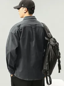 Men Retro Utility Cargo Shirt Long Sleeve Loose Fit Cotton Casual Turn Down Collar Multi Pocket Button Up Solid Color Top Jacket