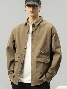 Men's American retro long sleeve utility workwear shirt casual loose outer jacket top.
