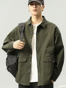 Men's retro cargo shirt long sleeve loose casual outerwear with multiple chest pockets style.
