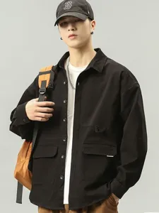 Men long sleeve loose vintage workwear shirt casual solid black button down jacket top