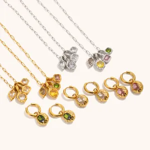 Stainless steel 18K gold plated hammered texture colored stone necklace and earrings detail view