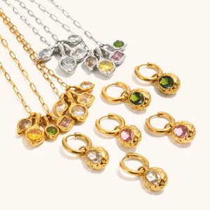 Fashion 18k gold plated titanium steel hammered colored stone necklace earrings jewelry set.