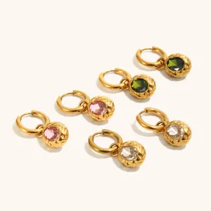 Gold stainless steel hammered textured colorful gemstone drop earrings for women daily wear chic