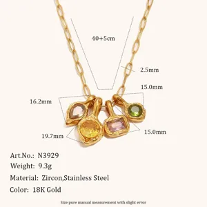 18K Goud RVS Multi Hanger Halsketting met kleurrijke zirkoonstenen en afmetingen.