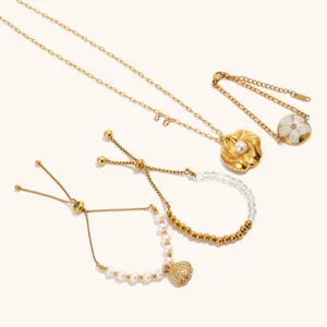 Gold titanium steel ocean resort style pearl shell flower necklace and bracelet jewelry set