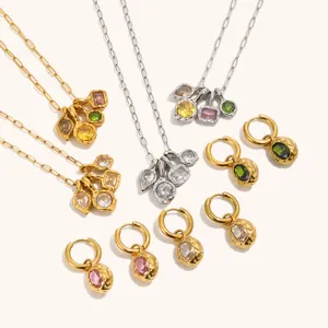 Gold and silver titanium steel colorful gemstone necklace earrings set main image