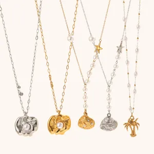 Stainless Steel Ocean Theme Artificial Pearl Shell Necklace For Women 18K Gold Plated Coconut Tree Starfish Pendant Beach Jewelry