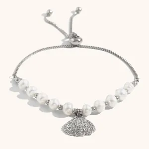 Adjustable silver pearl seashell pendant bracelet for women beach vacation fashion jewelry