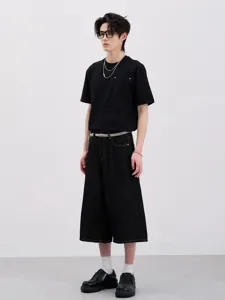 Men American High Street Cropped Jeans Loose Wide Leg Straight Denim Pants Washed Black High Street Fashion Bottoms