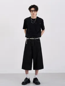 Men's American streetwear loose fit black denim wide-leg cropped jeans versatile casual pants.