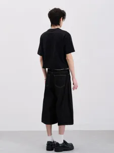Men's American high street loose black denim cropped wide leg pants casual cool streetwear