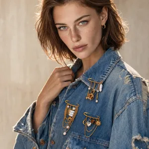 Broche en acier inoxydable doré avec perles et glands portée sur une veste en denim.