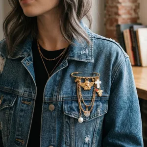 Exquise broche en acier au titane plaque or avec perle et pendentifs a franges multiples.