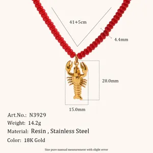 Collana con ciondolo aragosta di perle rosse in acciaio inossidabile placcato oro 18k