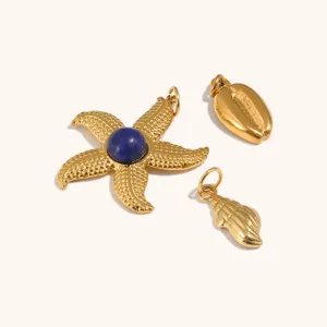 Pendentif coquillage etoile de mer en acier inoxydable dore, detail de fabrication.
