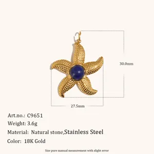 Pendentif étoile de mer plaqué or 18K en acier inoxydable avec pierre de lapis-lazuli.