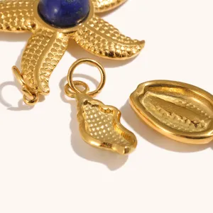 Acier inoxydable plaqué or 18K pendentif étoile de mer conque lapis-lazuli charm.