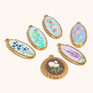Stainless steel 18k gold plated enamel floral pendant charms for DIY jewelry making accessories.
