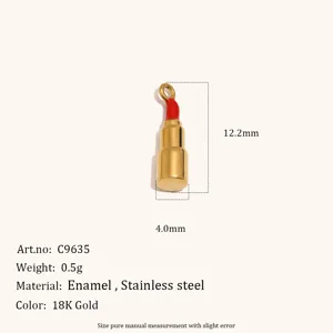 Stainless steel 18K gold plated red enamel lipstick pendant charm, lightweight delicate jewelry.