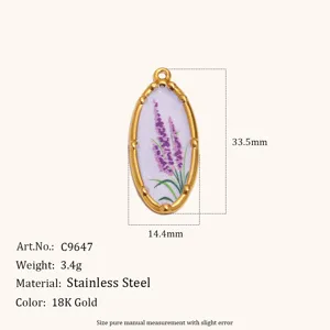 Stainless steel 18K gold plated lavender oval pendant jewelry accessory, 33.5x14.4mm.