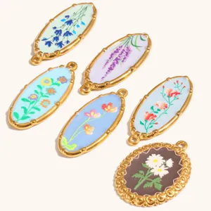 Exquisite gold-plated oval floral pendant charms, stylish jewelry DIY accessories.