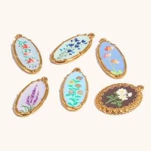 18k gold plated stainless steel oval floral enamel pendant jewelry accessories for DIY crafts