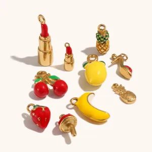 Gold plated stainless steel enamel fruit and lipstick charms set for DIY jewelry making.