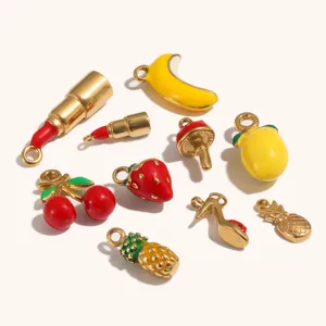 Stainless steel 18k gold plated enamel fruit charms set, cute pendants for jewelry making DIY craft.