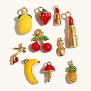 Stainless Steel 18K Gold Plated Enamel Fruit Charms For Jewelry Making Strawberry Lemon Lipstick High Heel Pendant DIY Necklace Bracelet Accessories Women Jewelry