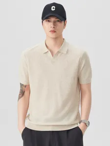 Polo da Uomo in Misto Lyocell Lino Lavorata a Maglia Vestibilità Larga Colletto Gabbiano Manica Corta Top Casual Tinta Unita Abbigliamento Estivo Classico