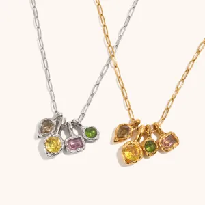 Vintage Onregelmatige Textuur Hanger Halsketting Voor Vrouwen Roestvrij Staal 18K Verguld Kleurrijke Strass Sieraden