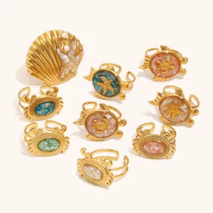 Edelstahl 18K vergoldete maritime Ringe mit süßen Schildkröten, Krabben, Muscheln und Seesternen.