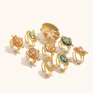 Edelstahl vergoldete Meeres Ring Details mit niedlichen Schildkröten und Krabben-Motiven.