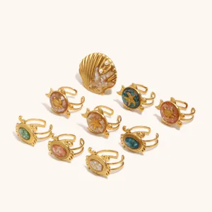 Ozean Stil Edelstahl 18K vergoldet Tier Ringe Set mit bunten Muscheln und Schildkröten