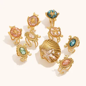 Marine Stil Edelstahl 18K vergoldet Schildkröte Krabbe Muschel Ring Modeschmuck Set Neu