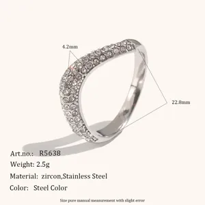 Stainless steel irregular V-shaped pave cubic zirconia ring fashion jewelry minimalist style.