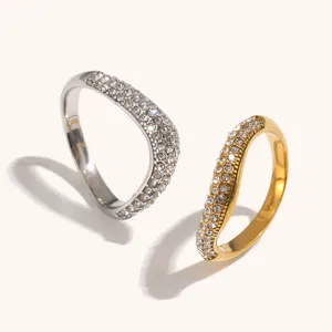 Trendy irregular V-shaped rhinestone paved stainless steel rings set of two elegant styles
