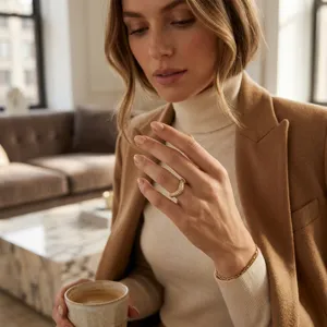 Close-up detail of a chic 18k gold plated stainless steel irregular V-shaped ring on model's hand.