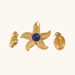 Pendentif Marin en Acier Inoxydable Plaqué Or 18K Lapis-Lazuli Étoile de Mer Conque Pendentif pour Accessoires de Bijouterie DIY