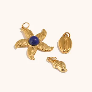 Pendentif en acier inoxydable plaqué or 18K étoile de mer coquille lapis-lazuli vue principale