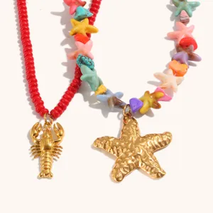 Collana con Ciondolo in Resina Perlata con Aragosta Stella Marina Oceano Placcata in Oro in Acciaio Inossidabile Gioielli Girocollo Fatti a Mano Colorati per Donna