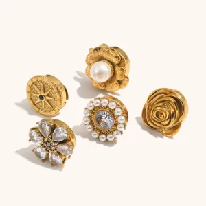 Details of gold plated stainless steel suit buttons featuring pearl zircon and floral designs.
