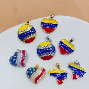 Venezuela Map Flag Pendant 18K Gold Plated Copper Zirconia Heart Round Enamel Charm Jewelry For Women Fashion Ins Style Pendant Necklace Gift