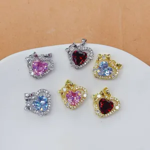 DIY Jewelry Making Heart Zirconia Pendant Copper Inlaid Rhinestone Bowknot Accessories Heart Shaped Charm For Necklace Bracelet Women