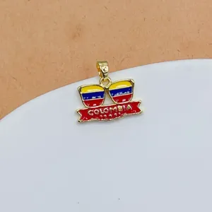 Detailed close-up view of gold plated Colombia flag glasses pendant necklace jewelry.