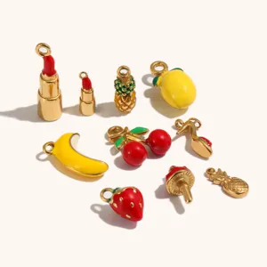 Gold-plated stainless steel enamel fruit and lipstick pendant charms set for jewelry