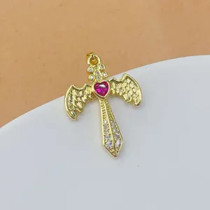 Vergoldeter Mikro-Zirkonia Engel Flügel Schwert Kreuz Anhänger Schmuck Detail Ansicht